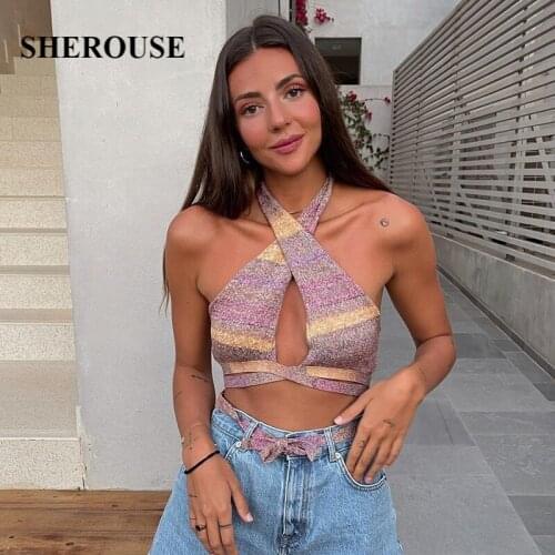 2021 Women Fashion With Tie Printed Cross Straps Cropped Tank Tops Sexy Strapless Backless Slim Fitted Female Camis Chic Tops