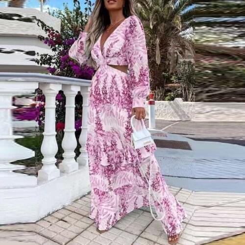 2021 Summer New Long Sleeve Printed Hollow Long Skirt Casual Retro Printed Ladies Spring/Summer V-neck Dress Womens Boho Dress