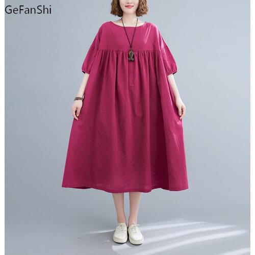 2021 Cotton Linen Dress Summer Women Dress Loose Casual Short Sleeve O-Neck Solid Fashion Elegant Lady Long Dresses Vestido Robe