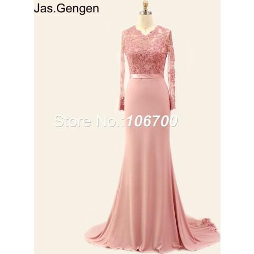 Vestidos de fiesta Long Sleeves Lace Appliques Prom Dress Mermaid O Neck Sheer Illusion With Sash Bridal vestido de noiva 975