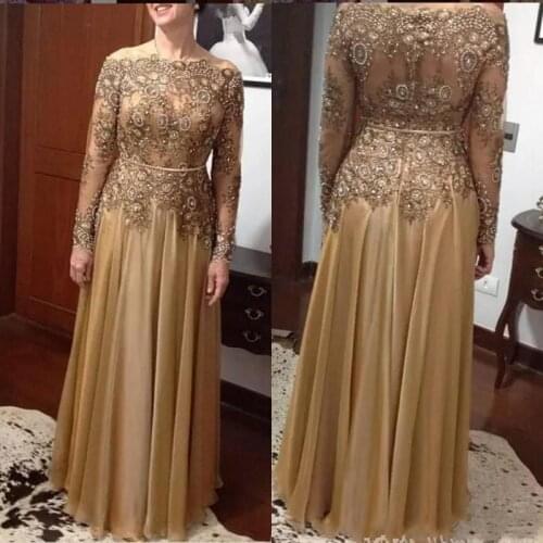 Gold A-Line Lace Bead Mother of the Bride Dresses 2020 Plus Size Chiffon Floor-length Zipper Back Mother of Groom Bride Formal
