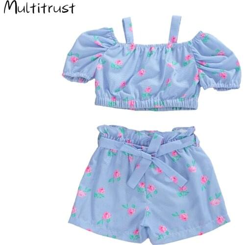 2020 Toddler Girls Clothes Summer Baby Clothes Fashion Outfit Set Short Sleeve Rose Print Top + Shorts Set 2pcs