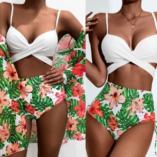 2021 New Womens Sexy 3pcs Leaves Bikini Set Cross Push Up Swimsuit with Beach Cover Up