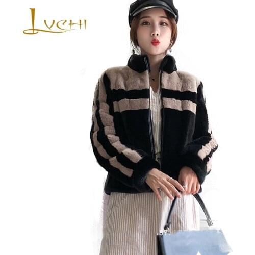 LVCHI 2019 Velvet Mink Fur Coat Long Sleeve Real Fur Coat Women Thicken Loss Mandarin Collar Striped Line Short Mink Fur Coats