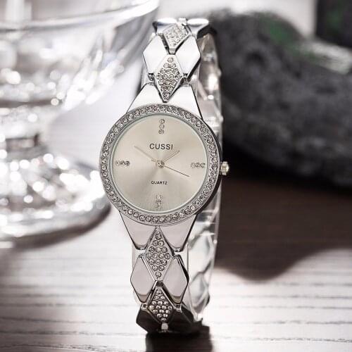 CUSSI 2018 New Womens Watches Silver Luxury Rhinestone Ladies Bracelet Watches Fashion Dress Quartz Wristwatch reloj mujer Gifts