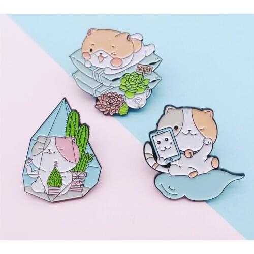 Cartoon Sweet Cute Animal Cat Enamel Brooch Plant Potted Cactus Alloy Pins Punk Badge Accessories Woman Jewelry Gift For Friends