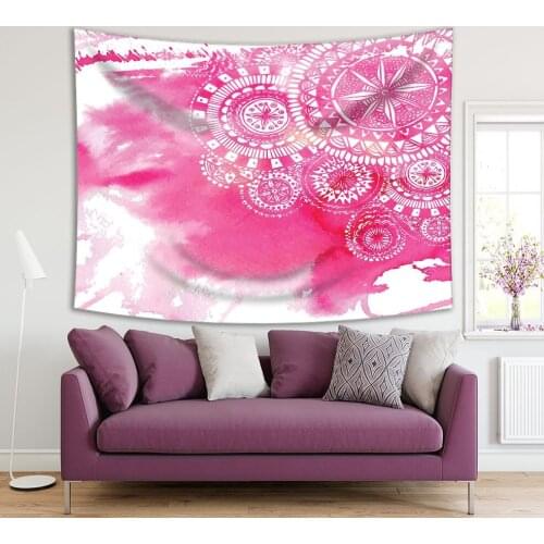 Tapestry Watercolor Style Artwork Round Doodles and Mandalas Bright 5colors Pink and White Print