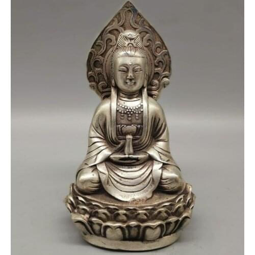 China archaize White copper Goddess of mercy Buddha crafts statue