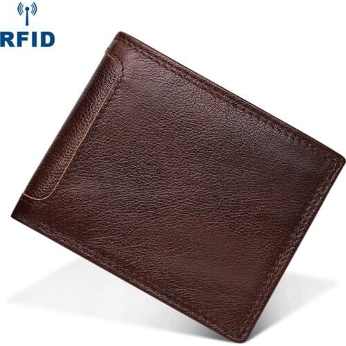 Real Cowhide Leather RFID Blocking Bifold Clutch Mens Short Wallets Purses Male ID Credit Cards Holder Carteira Masculina 2018