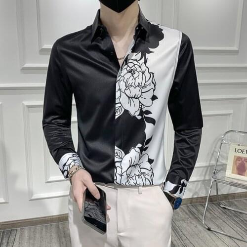 Korean Fashion Flower Shirts Men Slim Long Sleeve Casual Shirt Male Business Formal Dress Shirts Streetwear Social Party Blouse
