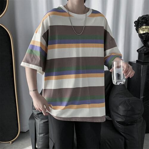 Summer Mens T-shirt Short-sleeved O Neck Male Striped Korean Student Loose Casual Chic Vogue Oversized Japanese Streetwear