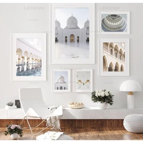 Trendy Islamic Canvas Painting White Dome Building Mosque Travel Wall Art Posters and Prints Living Room Home Interior Decor