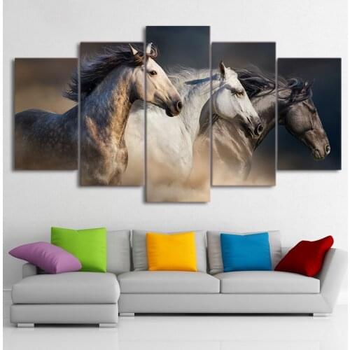 White Horse Wall Picture for Living Room Decoration Photography Animal Canvas Painting Wall Art Five Piece Set Posters and Print