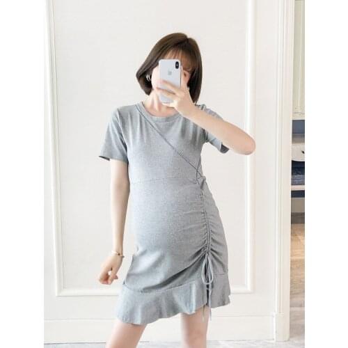 2021 Summer New Pregnant Women Fitted Body Chic Side Drawstring Skirt Short-sleeved T-shirt Pregnant Women Dress Summer