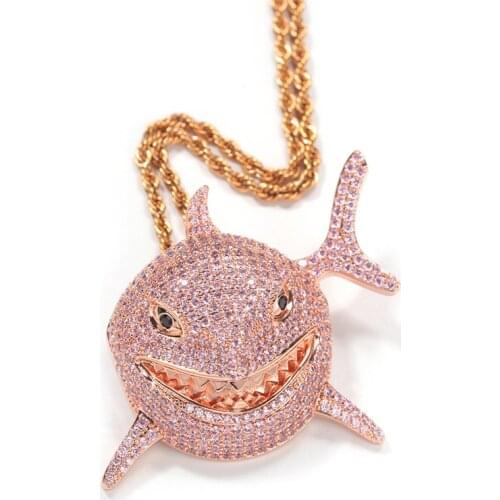 New Iced Out MenS Shark Pendant Pave AAA Pink Zircon Necklace Hip Hop Crystal Jewelry Gift Dropshipping