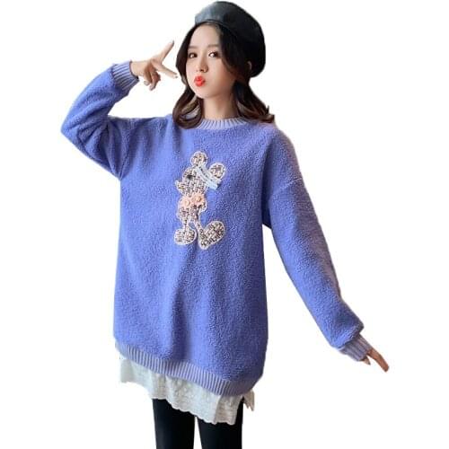 Autumn Winter lambswool Dress Female Plus cashmere Thicken Warm Lace lace Dress Women Vestido Mid-length Sweatshirt Dresss T364