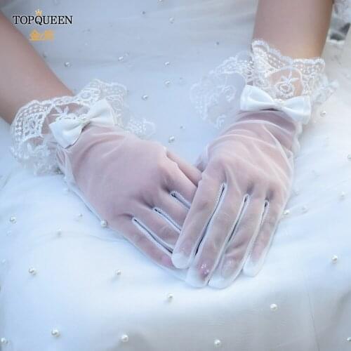 TOPQUEEN M07 Elegant Bride Gloves Pearl Lace Bow Ladies Gloves Finger Gloves Wedding Accessories Sweet Fresh High Quality
