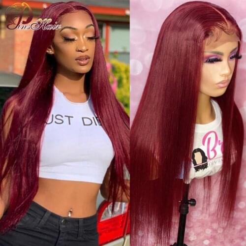 Pinshair Middle Part 13X1Lace Front Wigs Pre Plucked Colored 99J Burgundy Brazilian Straight Remy Human Hair Wig 150% Lace Wig