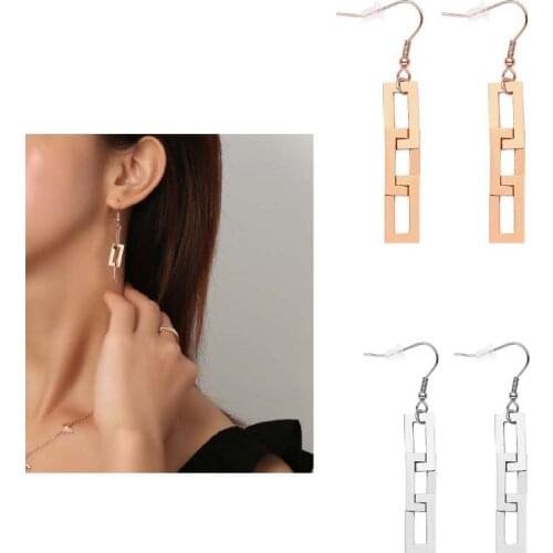 Rectangle Dangle Titanium Steel Chain Earrings for Women 18K Gold, Rose Gold, Silver Earrings Jewelry Gifts for Her