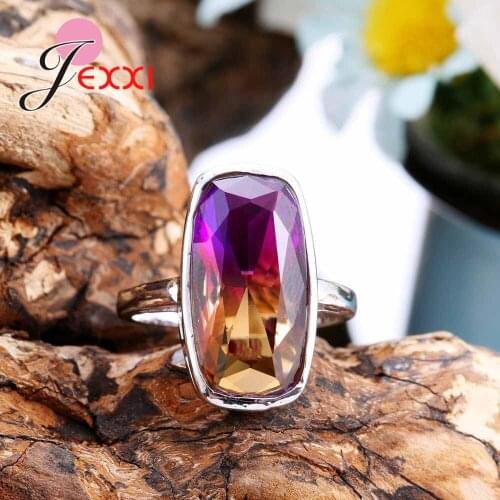 Rainbow Purple Crystal Wedding Ring Band Rings with Stones Womens Gifts Charms Engagement Silver Jewelry Bague Femme