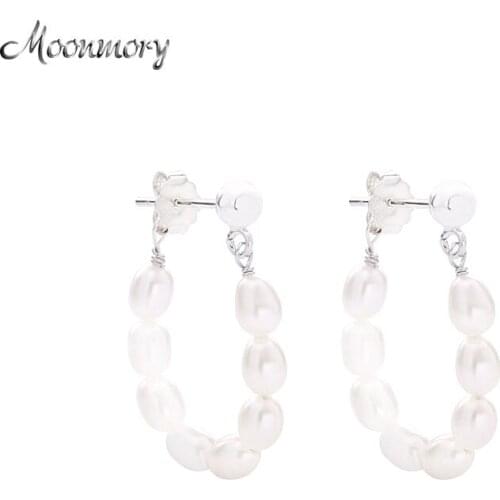 Moonmory 925 Sterling Silver CZ 100% Real Freshwater Pearls Huggie Hoop Earring Round White Pearl Hoop Earring For Women Jewelry