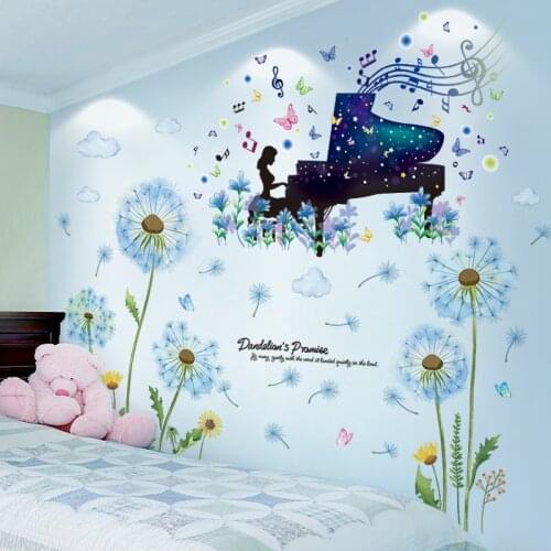[SHIJUEHEZI] Blue Color Dandelions Flower Wall Stickers DIY Cartoon Girl Wall Decals for Kids Bedroom Nursery House Decoration