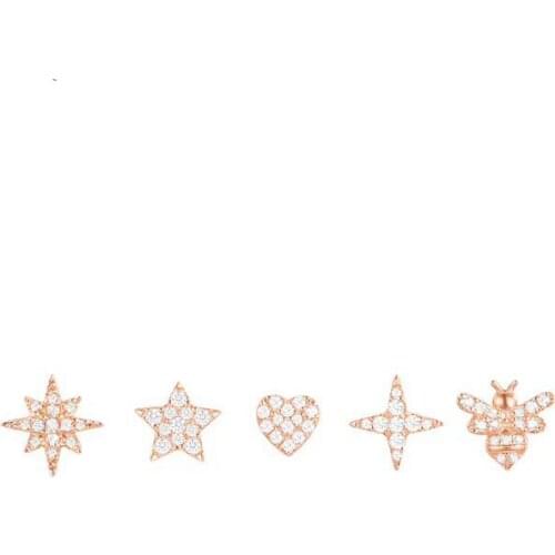SOELLE 5pcs/set 925 Sterling Silver Rose Gold Color AAA Zircon CZ Star Heart Bee Stud Earrings Women Party Fashion Brand Jewelry