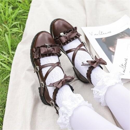 Kawaii Women Pu Leather Lolita Shoes Women Lace Up Middle Heel Collage Student Girls Round Head Cosplay Party JK Uniforms