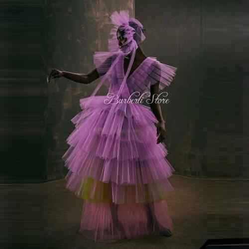 2021 Unique Colorful Tulle A-line Party Dress See Thru Ruffles Tiered Mesh Women Prom Gowns Custom Made Fashion Pageant Gown