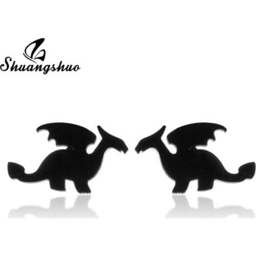 Shuangshuo Small Black Fly Dragon Stud Earrings Girls Punk Stainless Steel Wing Dragon Earings for Femme Aniaml Ear Bijoux