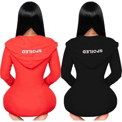 Hirigin 2021 Hooded Deep V-neck Buttons Sexy Romper Nightwear Women Long Sleeve Jumpsuits Letter Embroidery Sleepwear Streetwear