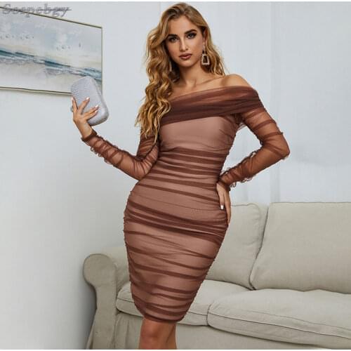 Womens Sexy Slash Neck Long Sleeve Bodycon Bandage Dress 2021 New Autumn Mesh Folds ladies Club Party Dress Vestidos