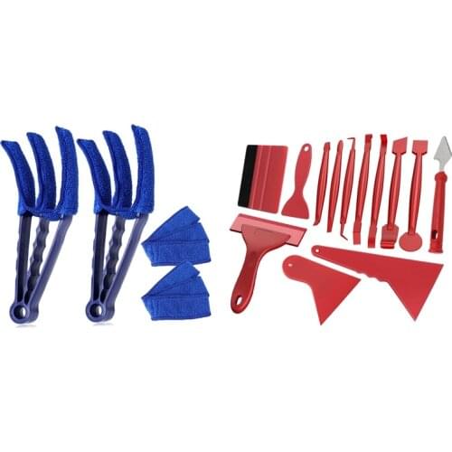 2Pcs Microfiber Blind Duster Window Brush with 13PCS Set Auto Car Wrap Film Tools Squeegee Scraper Kit