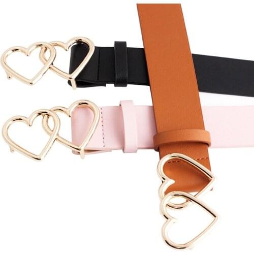 2021 New Womens Double Heart Buckle Belt Strap Wide Black White Red Brown PU Leather Belts for Women Dress Pants Pasek Damski
