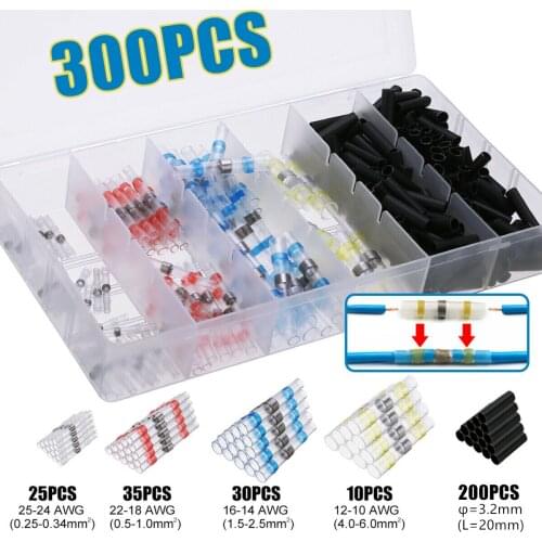 300Pcs Heat Shrink Solder Sleeves Terminal Waterproof Electrical Wire Cable Butt Splice Insulated Tinned Copper Connector Kit