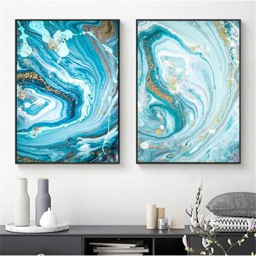 Abstract Blue Marble River Golden Lines Wall Poster Print Modern Canvas Painting Art Living Room Pictures Home Decor Gift Items