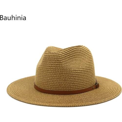 Bauhinia 2021 Sun Straw Hats for Women Men Wide Brim Panama Fedora Hats with Leather Belt Casual Beach UV Protection Cap