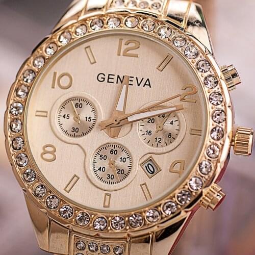 Watches Women Fashion Luxury Brand Geneva Casual Crystal Rhineston Wristwatches Relogio Feminino Ladies Gold Steel Quartz Watch