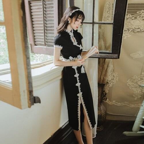 COIGARSAM Cheongsam Patchwork Women dress Fashion Vintage High Waist Dresses Black 8915