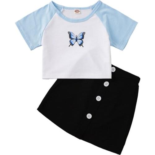 Kids Girls Short Sleeve Tops Sets Fashion 2pcs Outfit Suits Butterfly Print T-shirt+Skirt Set for Children Casual Outfits Clothe