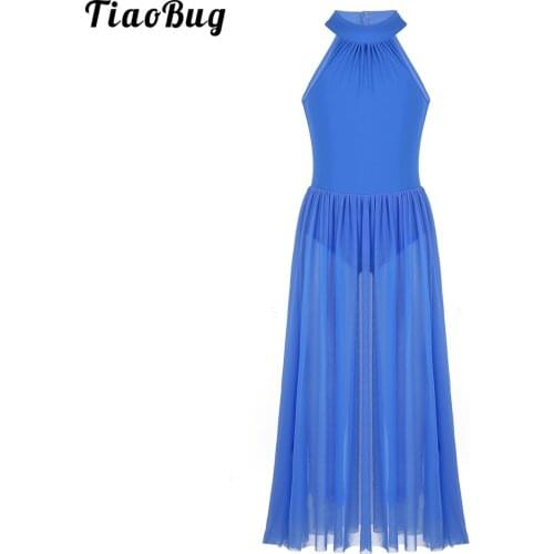TiaoBug Kids Girls Sleeveless Mock T-Neck Leotard Bodysuit With Mesh Maxi Skirt For Celebration Of Spirit Praise Lyrical Dance