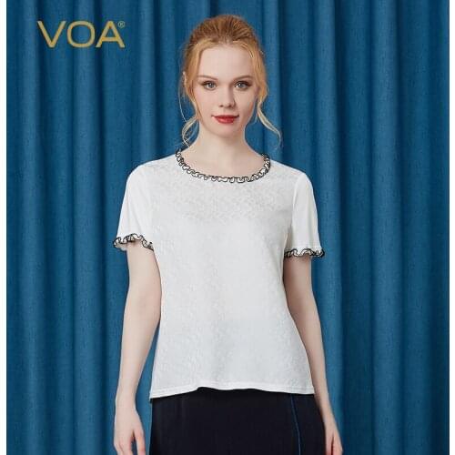 VOA Silk 33m/m Double-sided Knitted Heavy Tree Fungus-like Lacework Design Jacquard Stitching Short-sleeved T-shirt BE70