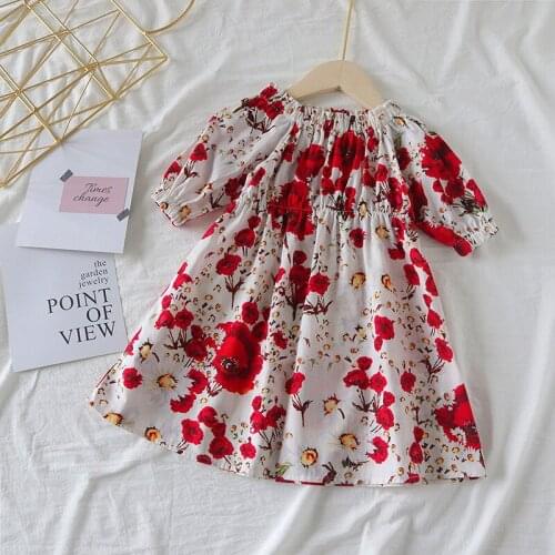 Girls cotton floral dress summer strapless puff sleeve princess dress cute children birthday toddler casual clothes