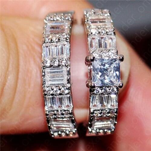 Fashion Princess-cut Square white topaz Ring Set 2-in-1 Ladys 10KT White gold Wedding Anniversary Rings for women jewelry
