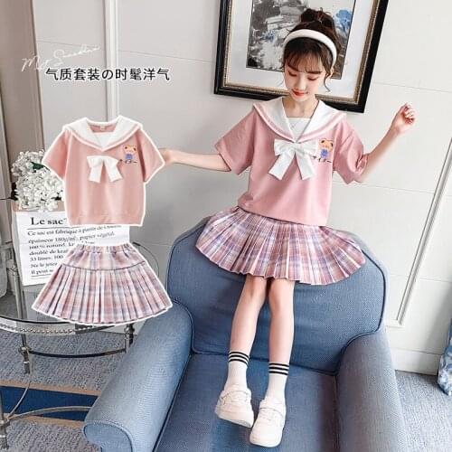 College style suit 5-15 years old girls summer fashion childrens wear bow suit free shipping