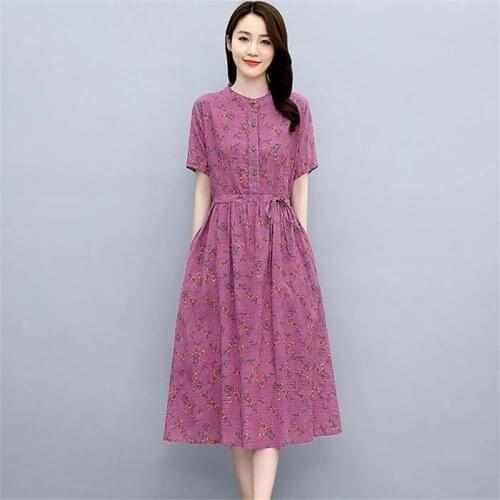 Cotton And Linen Floral Dress Womens Summer 2021 Fashion Large Size Mid-Length Drawback Casual Lace Buttons