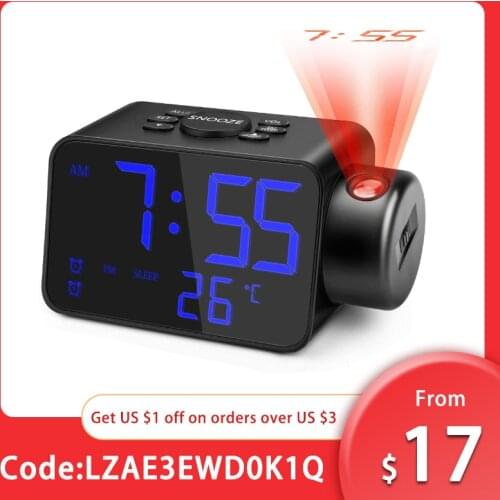 Projection Alarm Clock FM Radio LED Digital Projector Wall 180 Projection Dimmable Dual Alarm with Battery Backup USB Charger