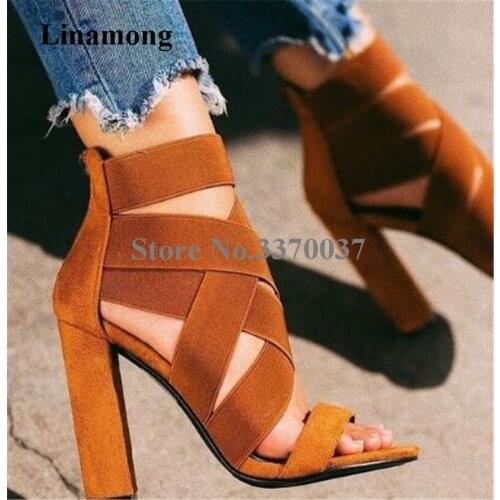 New Fashion Women Open Toe Bandage Straps Cross Chunky Heel Gladiator Sandals Cut-out Elastic Thick High Heel Sandals