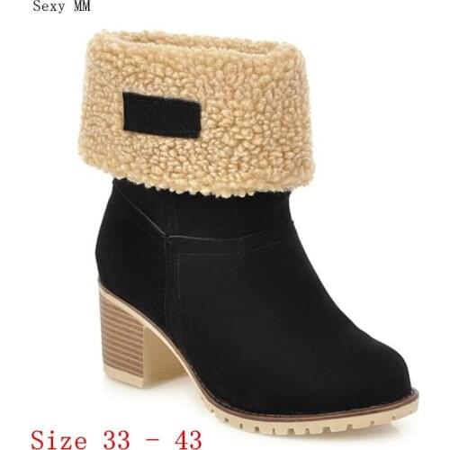 Winter Thick High Heel Women Mid Calf Boots Shoes Keep Warm Woman Short Snow Boots Small Plus Size 33 - 43