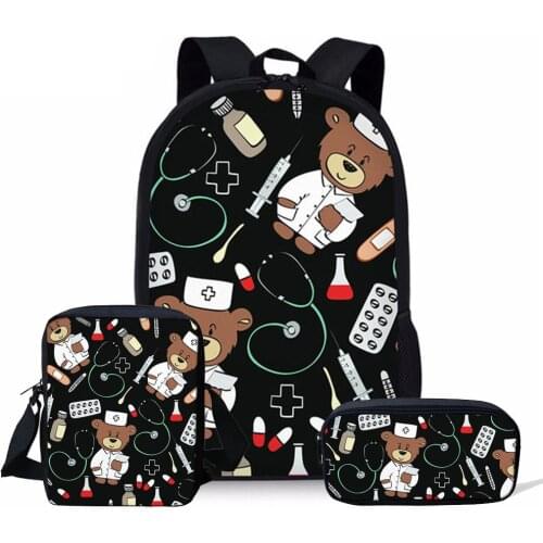 Cartoon Bear Nurse Pattern 3pcs School Backpack for Girls Boys Primary Students Book Bag With Lunch Food & Pen Set